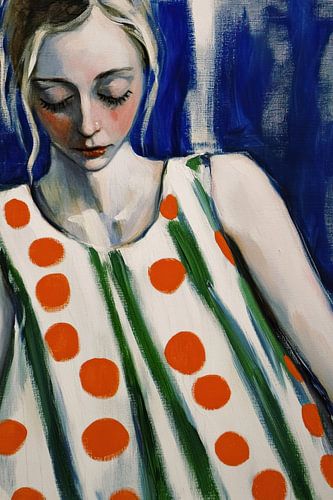 Melancholisch portret van vrouw in gestippelde jurk