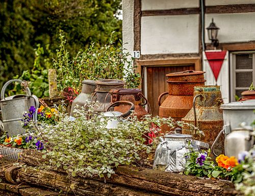 Oude melkbussen en fluitketels op boerenerf