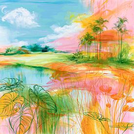 Tropical water scene featuring palm trees, leaves, flowers and blossoms by May