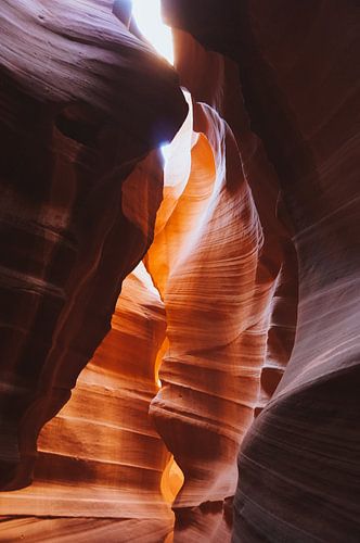 Zonstralen schijnen naar beneden in de Antelope Canyon, Arizona, Verenigde Staten