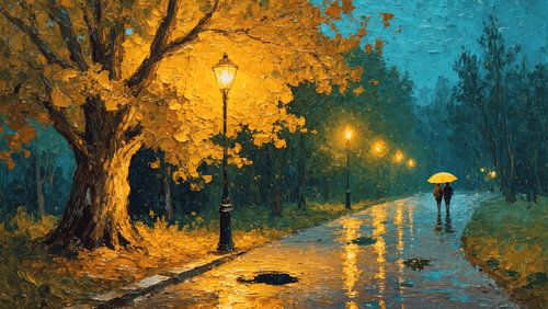 Promenade sous la pluie d'automne dorée, à la lueur des réverbères | Peinture à l'huile de style cinématographique