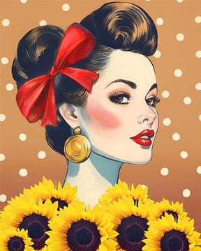 Retro collage portret van een vrouw met zonnebloemen van Studio Pieternel