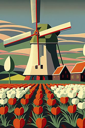 Minimalistisch Nederlands tulpenveld met een molen