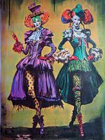 Twee vrouwen Victoriaans kostuum clown steampunk