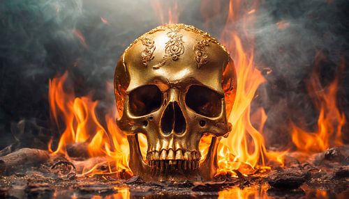 Gouden schedel met vuur