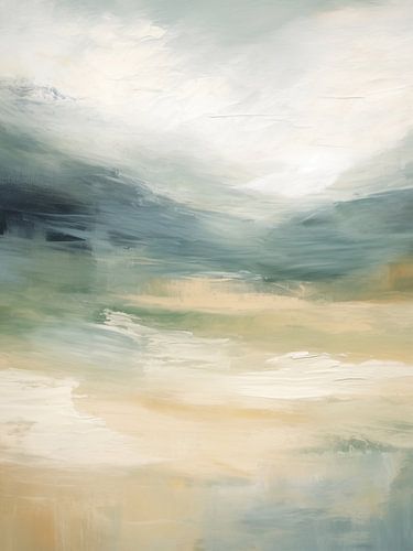 Abstracte landschapsschilderij in groen en beige