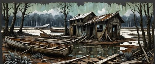 a decaying village on the banks of a swamp