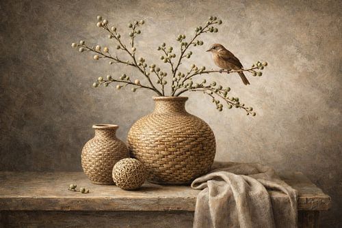 Lumière tamisée sur du linge ancien – nature morte champêtre avec un oiseau et des branches de baies