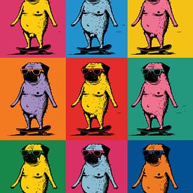 Naked Pugs Skateboarding Funny Pop Art Grid by Ramy Salah Hefny