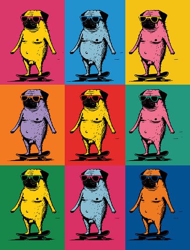Naakte mopshonden op skateboards – grappige popart-collage