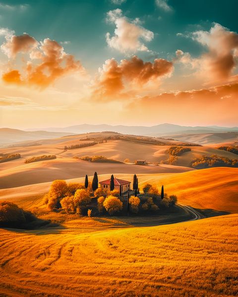 Toscaans landschap met glooiende heuvels zonsondergang van René van den Berg