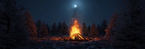 Verwarmend kampvuur tussen witte dennenbomen