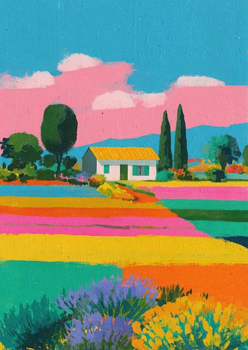 Wit landhuis te midden van gestreepte kleurvelden