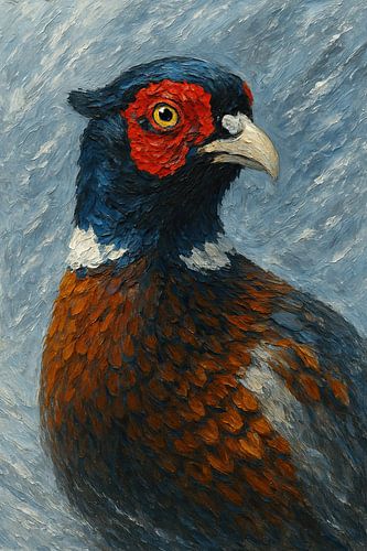 Pheasant in the blizzard (colourful rural realistic portrait bird painting)