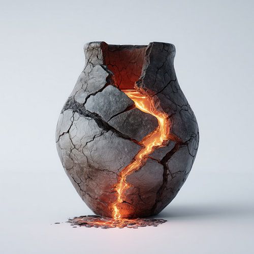 Vloeiende lava uit gebroken stenen pot