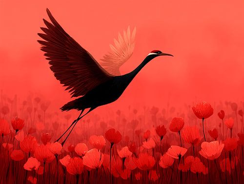 De Donkere Kraanvogel boven het Veld van Bloedrode Papavers | Een Vlucht door Passie en Stilte