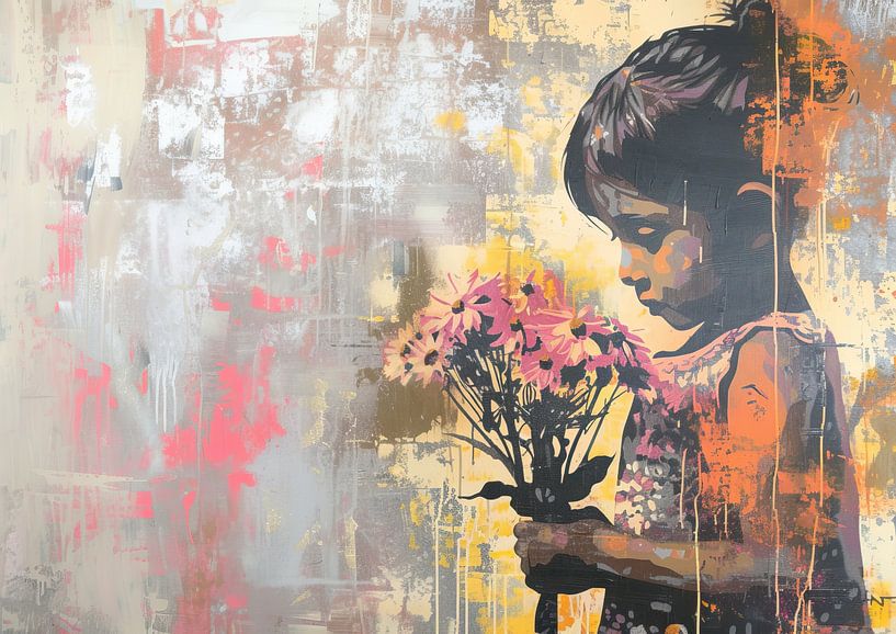 Banksy Stijl met Bloemen van Kunst Kriebels
