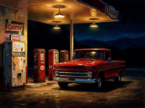 Vintage rode Chevrolet-truck bij nacht