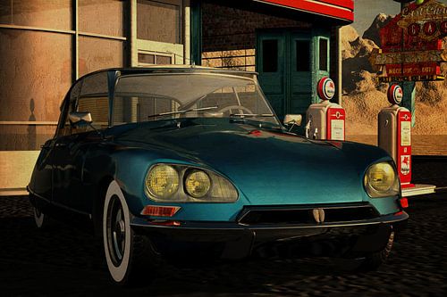 Citroen DS23 Injection Pallas uit 1972 bij een benzinestation