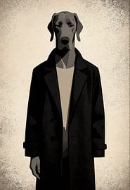 Tableau mural représentant un chien au style minimaliste et énigmatique en trench-coat - Portrait d'animal à l'atmosphère sombre
