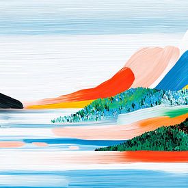 Abstrakte Seenlandschaft mit Bergen und bewaldeten Ufern von May