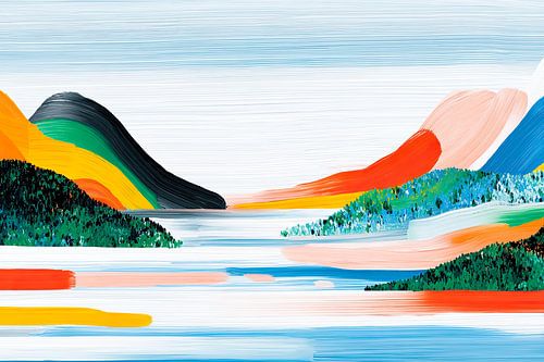 Paysage lacustre abstrait avec des montagnes et des rives boisées