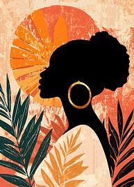 Tropical abstract art featuring a black woman and colourful leaves