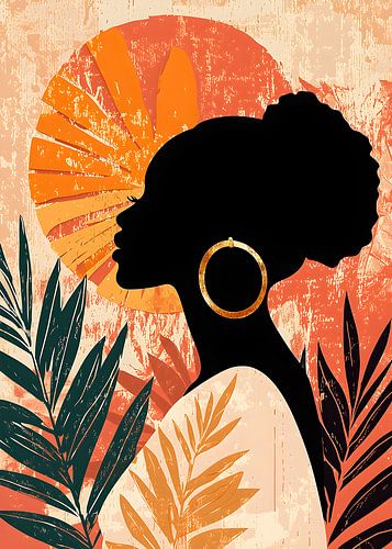 Art abstrait tropical représentant une femme noire et des feuilles colorées