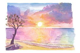 Eleuthera Bahamas plage silhouettes d'arbres et coucher de soleil incandescence finale