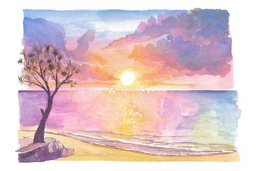 Eleuthera Bahama's strand boomsilhouetten en zonsondergang eindgloed van Markus Bleichner