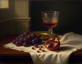 An atmospheric still life featuring grapes, a pomegranate and a crystal glass