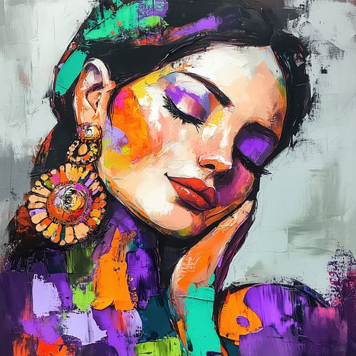 Abstracte tevreden vrouw met oorbellen kleurrijk