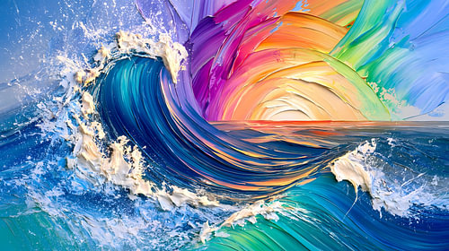 Turkoois Abstract Schilderij: Golf die Oplicht in Regenboogkleuren