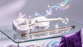 White violin with glowing butterflies on a glass table by A.D. Digital ART