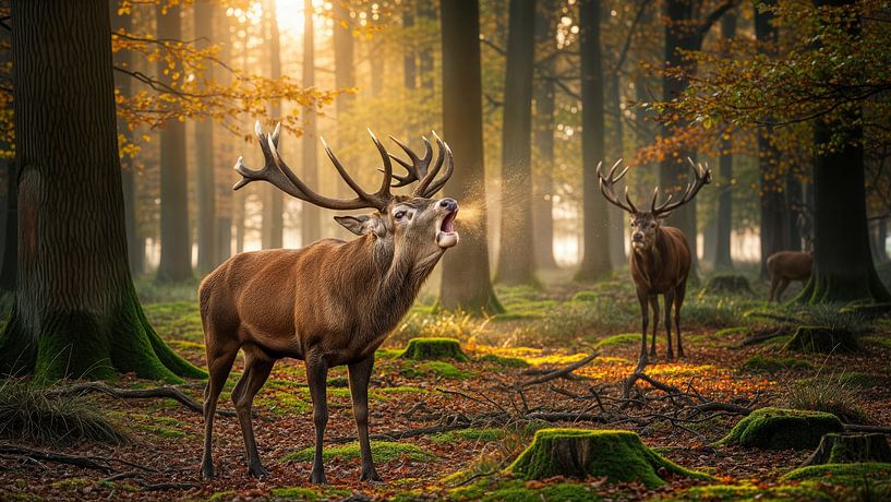 Röhrender Rothirsch im Herbstwald von Markus Gann
