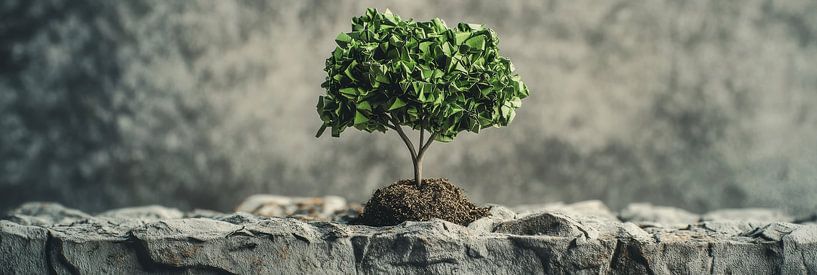 Bonsaivormige boom met papierbladeren panorama van Digitale Schilderijen