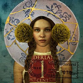 Pop-Art Beauty Delfts blauw Goud Postzegel van Yvonne Zeldenthuis