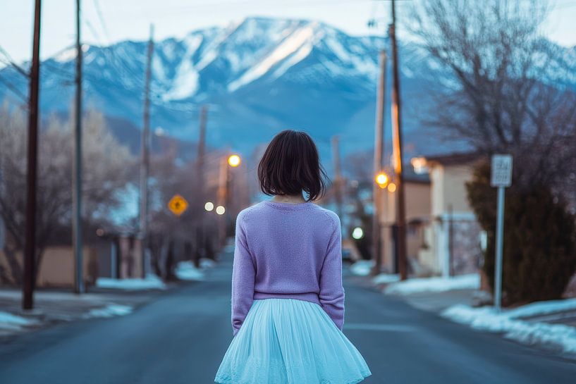 Girl on street with mountain view by Poster Art Shop