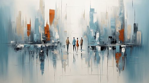 Abstract schilderij acryl winkelen mensen kunst, modern abstract, skyline en steden