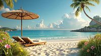 Ontspannend tropisch strand met palmbomen, parasol en ligbedden