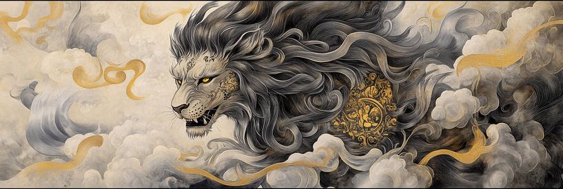 Lion art gold black panorama by Digitale Schilderijen