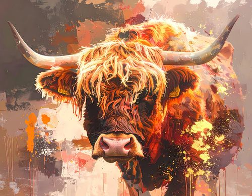 Schotse hooglander kunstwerk mixed media felle kleuren