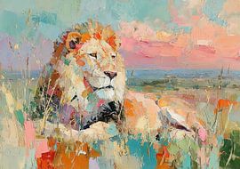 Un lion dans la savane au coucher du soleil