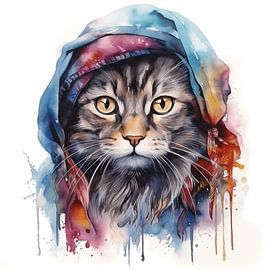 Porträt einer Katze in Wasserfarbe gemalt mit Buntem Kopftuch auf weißen Hintergrund