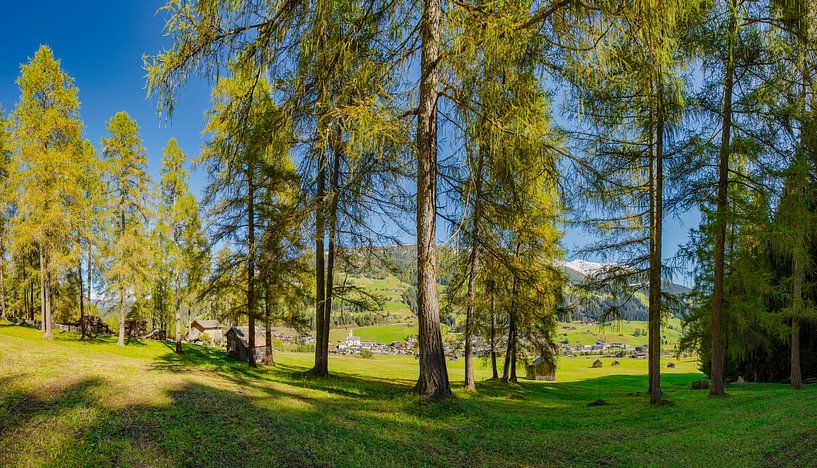 À travers une clairière dans la forêt, vue sur le village de Sexten et le sommet enneigé d'une monta par Rene van der Meer