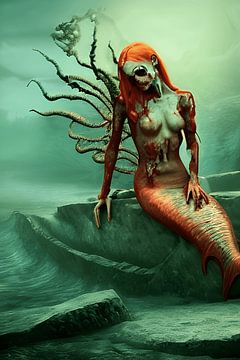 Sirène zombie aux cheveux roux ensanglantés sous l'eau
