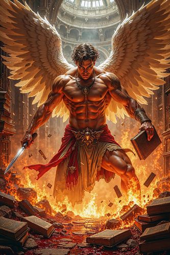Dark Fantasy Wandbild: CALVORAN - Der Engel wütet in einer Bibliothek