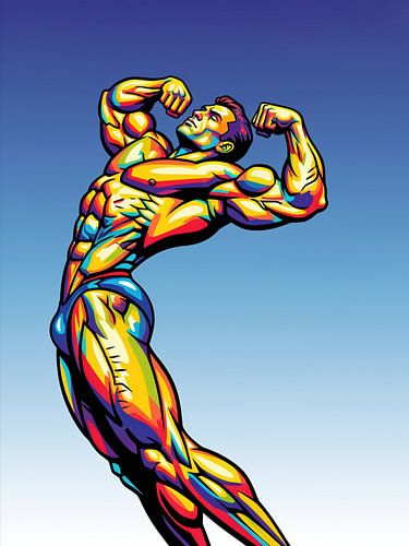 Geïllustreerde Bodybuilder die spieren op blauwe gradiënt achtergrond buigt