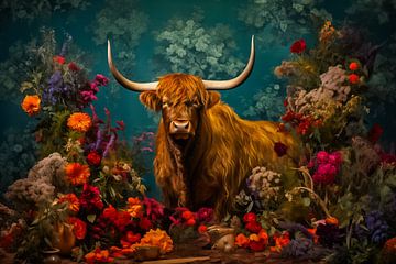 Scottish Highlander among a floral display by Thea