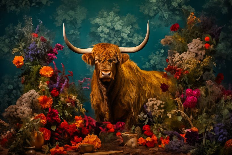 Schottischer Highlander inmitten einer Blumenpracht von Thea